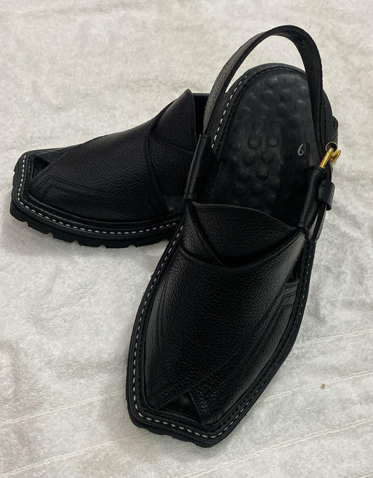 PESHAWARI MEDICATED CHAPPAL DOTED BLACK ORIGINAL LATHER
